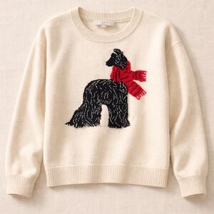 LOFT Cream Sweater with Black Dog and Red Scarf Accent